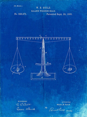 PP84-Faded Blueprint Scales of Justice Patent Poster Black Ornate Wood Framed Art Print with Double Matting by Borders, Cole