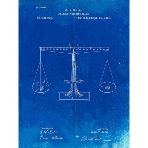 PP84-Faded Blueprint Scales of Justice Patent Poster White Modern Wood Framed Art Print by Borders, Cole