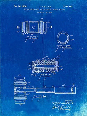 PP85-Faded Blueprint Gavel 1953 Patent Poster Black Ornate Wood Framed Art Print with Double Matting by Borders, Cole