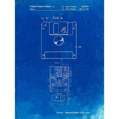 PP87-Faded Blueprint 3 1/2 Inch Floppy Disk Patent Poster White Modern Wood Framed Art Print by Borders, Cole