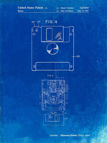 PP87-Faded Blueprint 3 1/2 Inch Floppy Disk Patent Poster Black Ornate Wood Framed Art Print with Double Matting by Borders, Cole