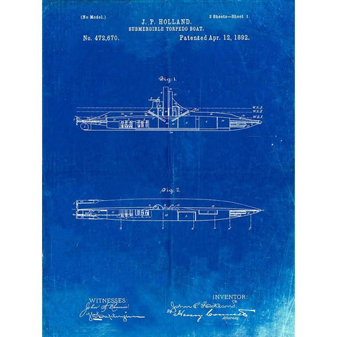 PP91-Faded Blueprint Holland Submarine Patent Poster Gold Ornate Wood Framed Art Print with Double Matting by Borders, Cole