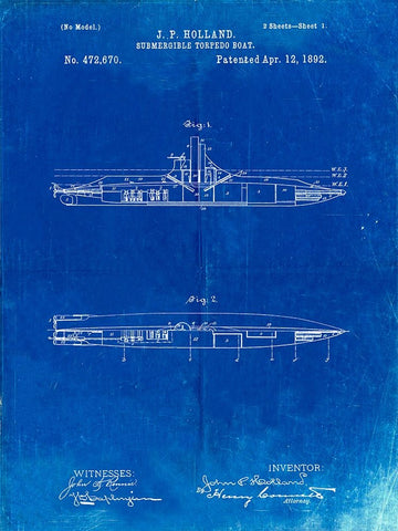 PP91-Faded Blueprint Holland Submarine Patent Poster White Modern Wood Framed Art Print with Double Matting by Borders, Cole