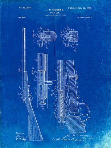 PP93-Faded Blueprint Browning Bolt Action Gun Patent Poster White Modern Wood Framed Art Print with Double Matting by Borders, Cole