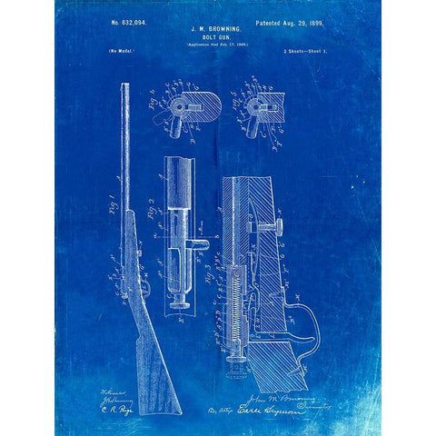 PP93-Faded Blueprint Browning Bolt Action Gun Patent Poster Gold Ornate Wood Framed Art Print with Double Matting by Borders, Cole