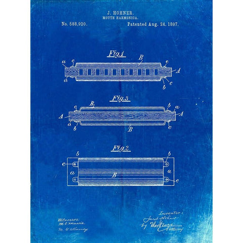 PP94-Faded Blueprint Hohner Harmonica Patent Poster Gold Ornate Wood Framed Art Print with Double Matting by Borders, Cole