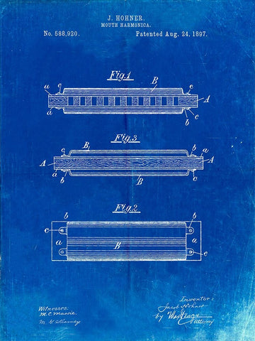 PP94-Faded Blueprint Hohner Harmonica Patent Poster Black Ornate Wood Framed Art Print with Double Matting by Borders, Cole