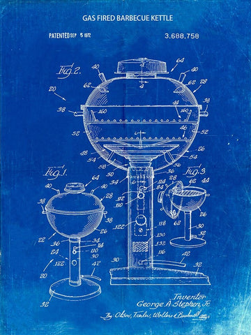 PP206-Faded Blueprint Webber Gas Grill 1972 Patent Poster White Modern Wood Framed Art Print with Double Matting by Borders, Cole