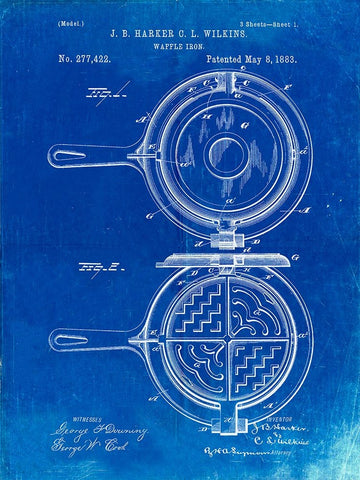 PP209-Faded Blueprint Waffle Iron Patent Poster White Modern Wood Framed Art Print with Double Matting by Borders, Cole