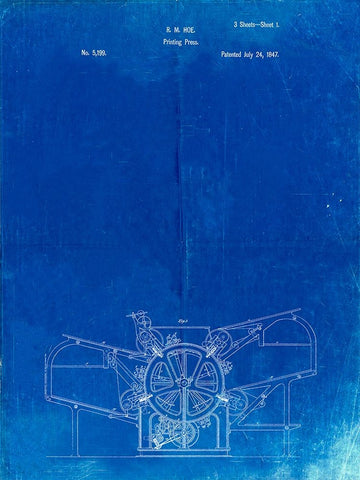 PP213-Faded Blueprint Printing Press Patent Poster White Modern Wood Framed Art Print with Double Matting by Borders, Cole