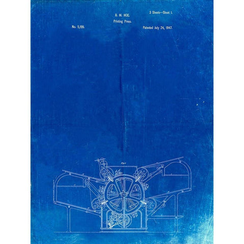 PP213-Faded Blueprint Printing Press Patent Poster White Modern Wood Framed Art Print by Borders, Cole