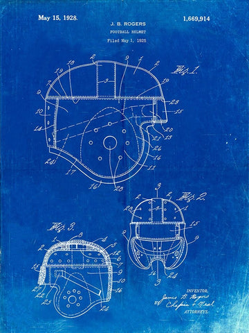 PP218-Faded Blueprint Football Helmet 1925 Patent Poster White Modern Wood Framed Art Print with Double Matting by Borders, Cole