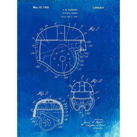 PP218-Faded Blueprint Football Helmet 1925 Patent Poster White Modern Wood Framed Art Print by Borders, Cole