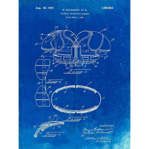 PP219-Faded Blueprint Football Shoulder Pads 1925 Patent Poster Black Modern Wood Framed Art Print with Double Matting by Borders, Cole