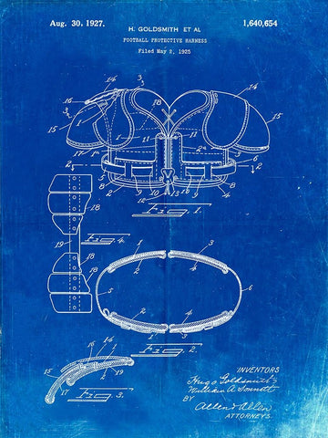 PP219-Faded Blueprint Football Shoulder Pads 1925 Patent Poster Black Ornate Wood Framed Art Print with Double Matting by Borders, Cole