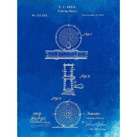 PP225-Faded Blueprint Orvis 1874 Fly Fishing Reel Patent Poster Gold Ornate Wood Framed Art Print with Double Matting by Borders, Cole