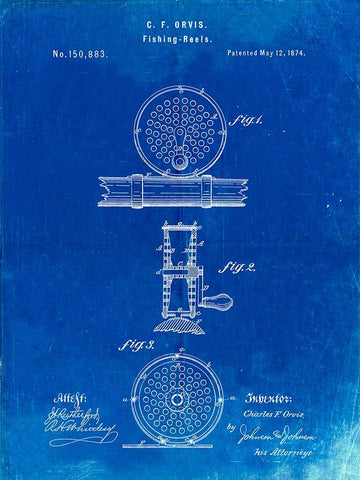 PP225-Faded Blueprint Orvis 1874 Fly Fishing Reel Patent Poster Black Ornate Wood Framed Art Print with Double Matting by Borders, Cole