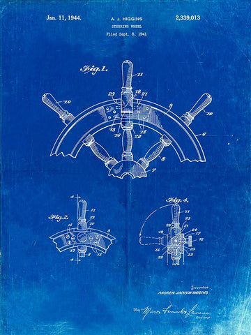 PP228-Faded Blueprint Ship Steering Wheel Patent Poster Black Ornate Wood Framed Art Print with Double Matting by Borders, Cole