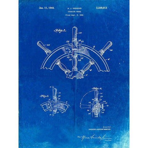 PP228-Faded Blueprint Ship Steering Wheel Patent Poster Gold Ornate Wood Framed Art Print with Double Matting by Borders, Cole
