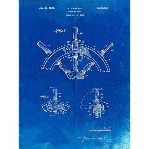 PP228-Faded Blueprint Ship Steering Wheel Patent Poster White Modern Wood Framed Art Print by Borders, Cole