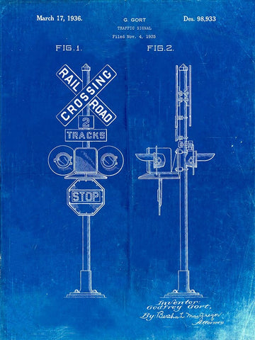 PP231-Faded Blueprint Railroad Crossing Signal Patent Poster White Modern Wood Framed Art Print with Double Matting by Borders, Cole