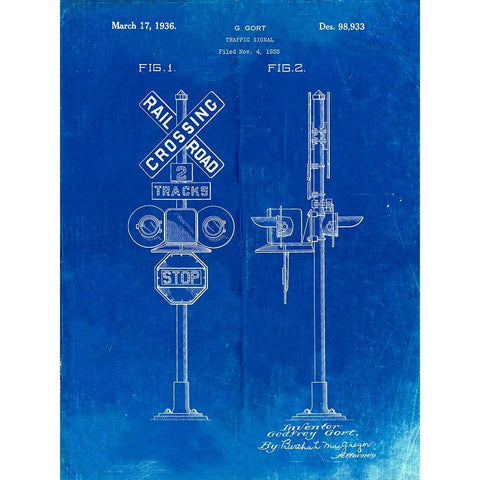 PP231-Faded Blueprint Railroad Crossing Signal Patent Poster Gold Ornate Wood Framed Art Print with Double Matting by Borders, Cole