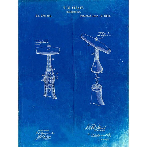 PP235-Faded Blueprint Corkscrew 1883 Patent Poster Gold Ornate Wood Framed Art Print with Double Matting by Borders, Cole