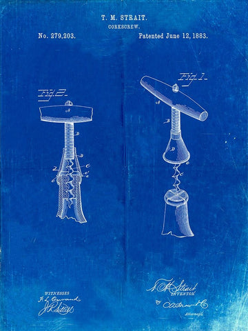 PP235-Faded Blueprint Corkscrew 1883 Patent Poster White Modern Wood Framed Art Print with Double Matting by Borders, Cole