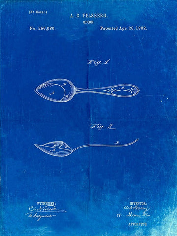 PP236-Faded Blueprint Training Spoon Patent Poster White Modern Wood Framed Art Print with Double Matting by Borders, Cole