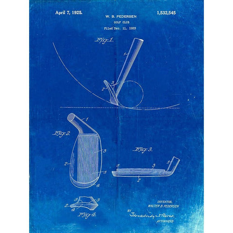 PP240-Faded Blueprint Golf Wedge 1923 Patent Poster White Modern Wood Framed Art Print by Borders, Cole