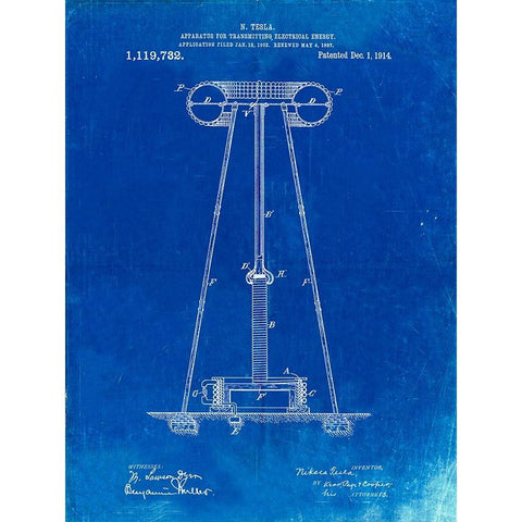 PP241-Faded Blueprint Tesla Energy Transmitter Patent Poster Gold Ornate Wood Framed Art Print with Double Matting by Borders, Cole