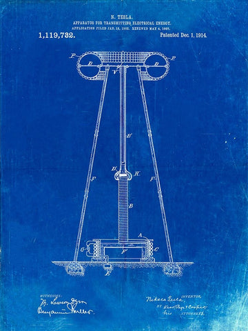 PP241-Faded Blueprint Tesla Energy Transmitter Patent Poster White Modern Wood Framed Art Print with Double Matting by Borders, Cole