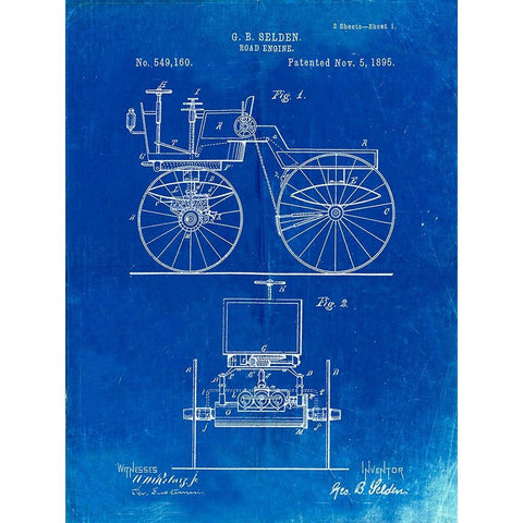 PP243-Faded Blueprint Motor Buggy 1895 Patent Print White Modern Wood Framed Art Print by Borders, Cole