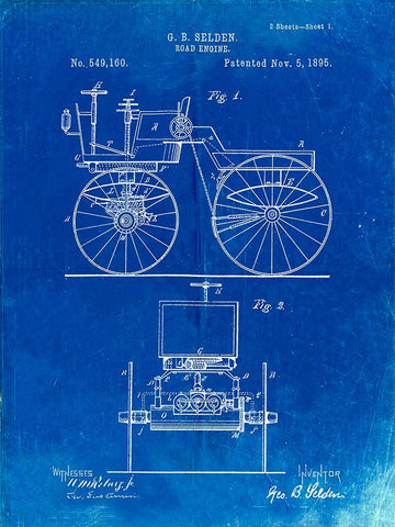 PP243-Faded Blueprint Motor Buggy 1895 Patent Print White Modern Wood Framed Art Print with Double Matting by Borders, Cole