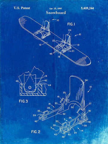 PP246-Faded Blueprint Burton Baseless Binding 1995 Snowboard Patent Poster Black Ornate Wood Framed Art Print with Double Matting by Borders, Cole