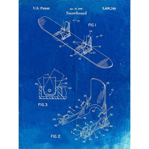 PP246-Faded Blueprint Burton Baseless Binding 1995 Snowboard Patent Poster White Modern Wood Framed Art Print by Borders, Cole