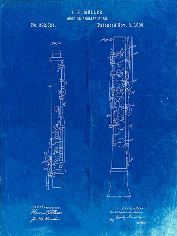 PP247-Faded Blueprint Oboe Patent Poster White Modern Wood Framed Art Print with Double Matting by Borders, Cole