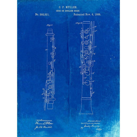 PP247-Faded Blueprint Oboe Patent Poster White Modern Wood Framed Art Print by Borders, Cole