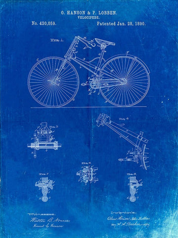 PP248-Faded Blueprint Bicycle 1890 Patent Poster White Modern Wood Framed Art Print with Double Matting by Borders, Cole