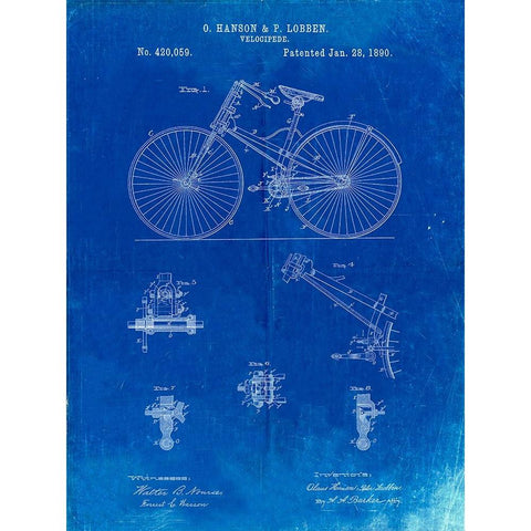 PP248-Faded Blueprint Bicycle 1890 Patent Poster White Modern Wood Framed Art Print by Borders, Cole