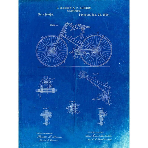PP248-Faded Blueprint Bicycle 1890 Patent Poster Black Modern Wood Framed Art Print with Double Matting by Borders, Cole