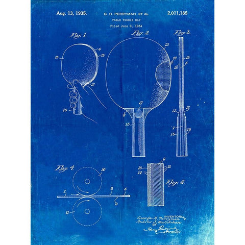 PP250-Faded Blueprint Ping Pong Paddle Patent Poster Black Modern Wood Framed Art Print with Double Matting by Borders, Cole