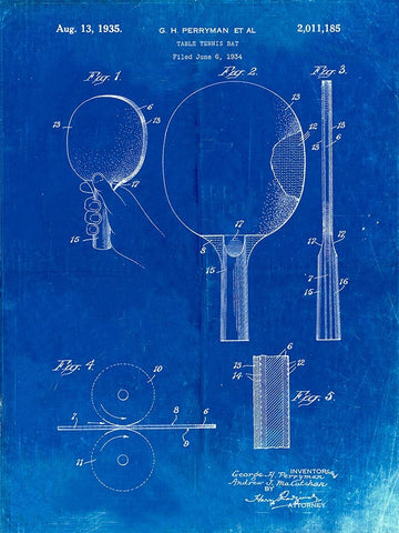 PP250-Faded Blueprint Ping Pong Paddle Patent Poster Black Ornate Wood Framed Art Print with Double Matting by Borders, Cole