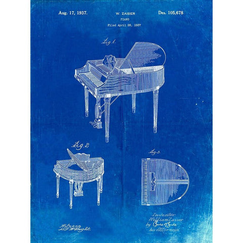 PP252-Faded Blueprint Wurlitzer Butterfly Model 235 Piano Patent Poster Gold Ornate Wood Framed Art Print with Double Matting by Borders, Cole