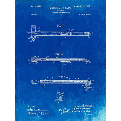 PP255-Faded Blueprint Dispensing Hammer Patent Poster White Modern Wood Framed Art Print by Borders, Cole