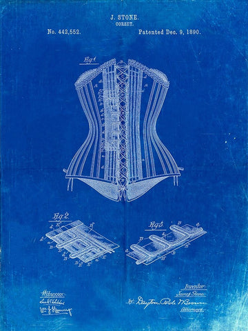 PP259-Faded Blueprint Corset Patent Poster White Modern Wood Framed Art Print with Double Matting by Borders, Cole