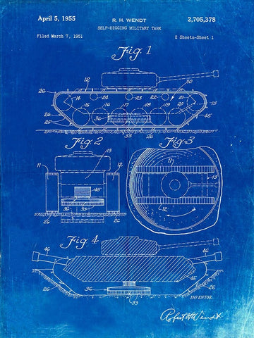 PP262-Faded Blueprint Military Self Digging Tank Patent Poster White Modern Wood Framed Art Print with Double Matting by Borders, Cole