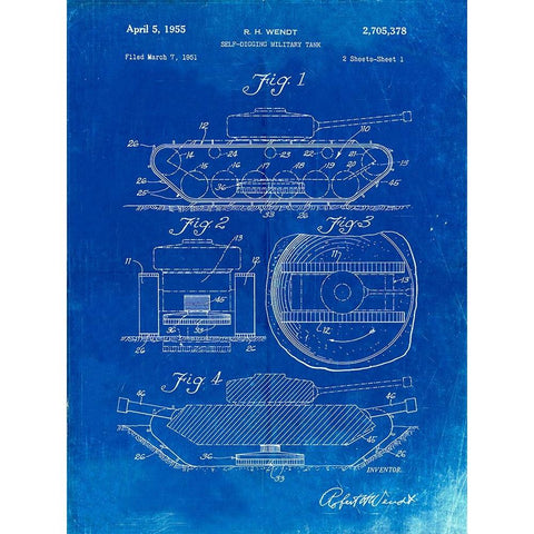 PP262-Faded Blueprint Military Self Digging Tank Patent Poster White Modern Wood Framed Art Print by Borders, Cole