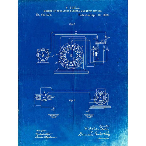 PP264-Faded Blueprint Tesla Operating Electric Motors Map Poster White Modern Wood Framed Art Print by Borders, Cole