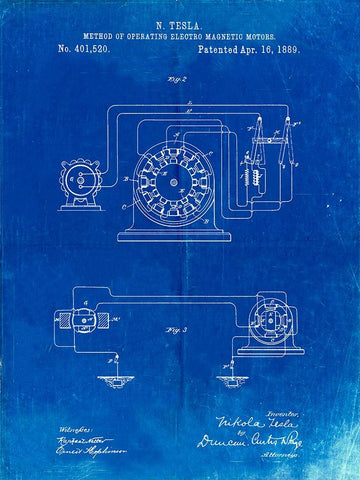 PP264-Faded Blueprint Tesla Operating Electric Motors Map Poster White Modern Wood Framed Art Print with Double Matting by Borders, Cole